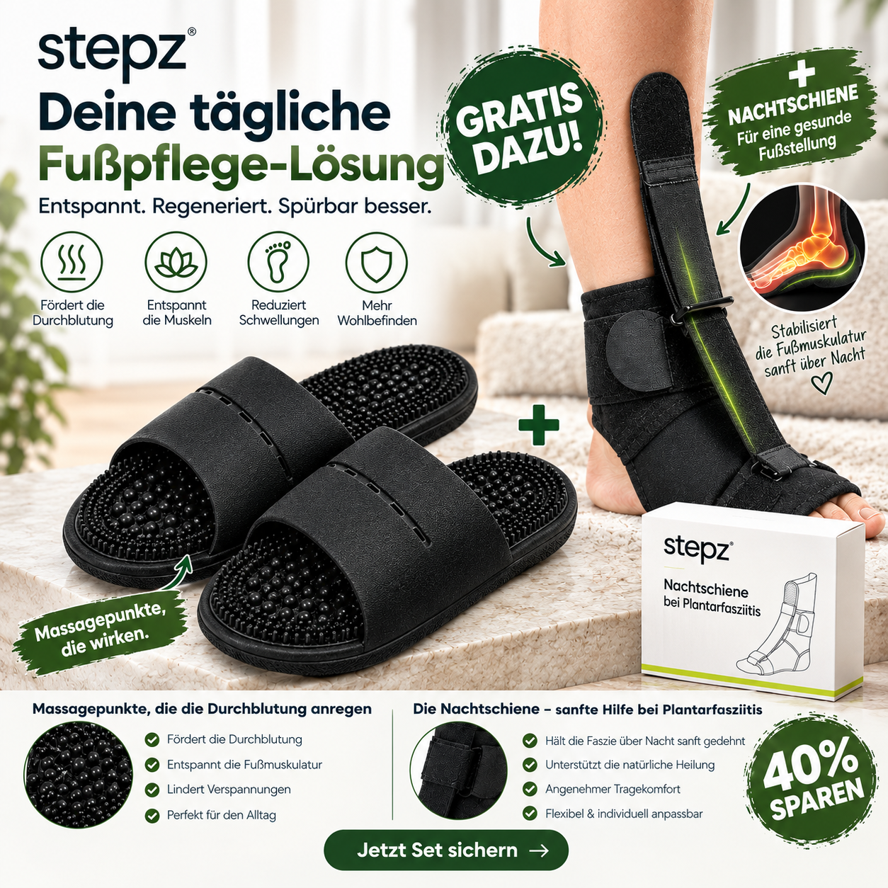 Fuß Massage Schlappen für Heilung & Regeneration + Nachtschiene bei Plantarfasziitis